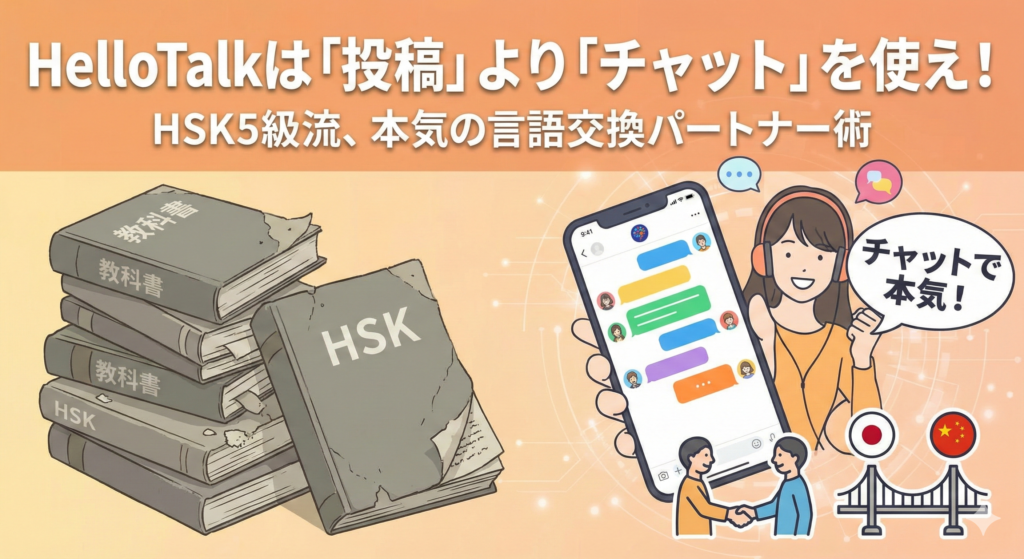 HelloTalkは投稿よりチャットを使え！HSK5級流の言語交換パートナー術。教科書を閉じてスマホのチャットアプリでネイティブと交流し、リアルな中国語を学ぶ様子を描いたブログのアイキャッチイラスト