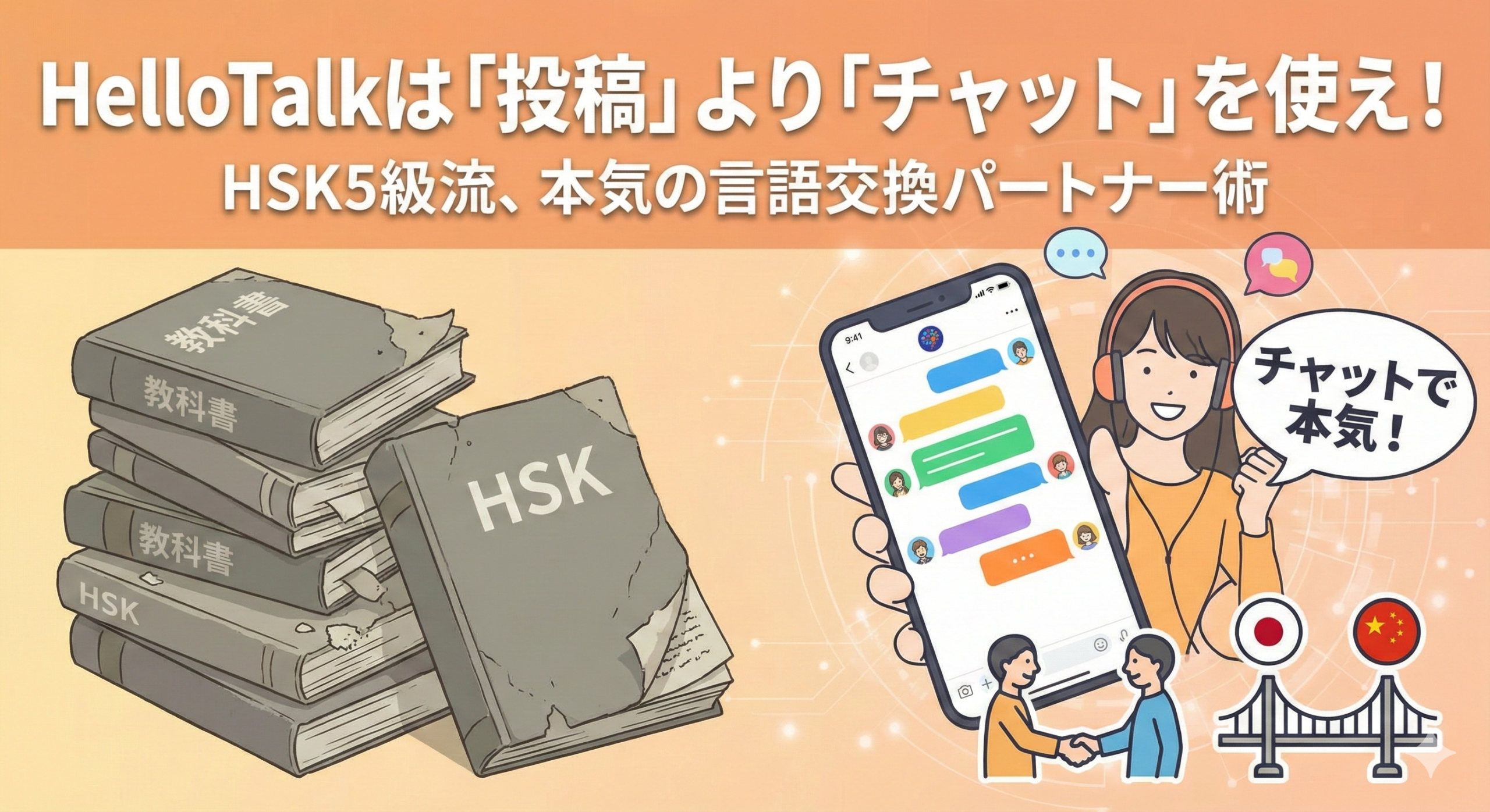 HelloTalkは投稿よりチャットを使え！HSK5級流の言語交換パートナー術。教科書を閉じてスマホのチャットアプリでネイティブと交流し、リアルな中国語を学ぶ様子を描いたブログのアイキャッチイラスト