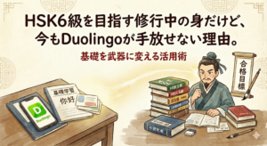 SK6級を目指す修行中の身だけど、今もDuolingoが手放せない理由。基礎を武器に変える活用術。HSK6級の参考書に囲まれた古代中国の学者と、Duolingoアプリが表示されたスマホや基礎学習テキストが描かれたブログのアイキャッチイラスト