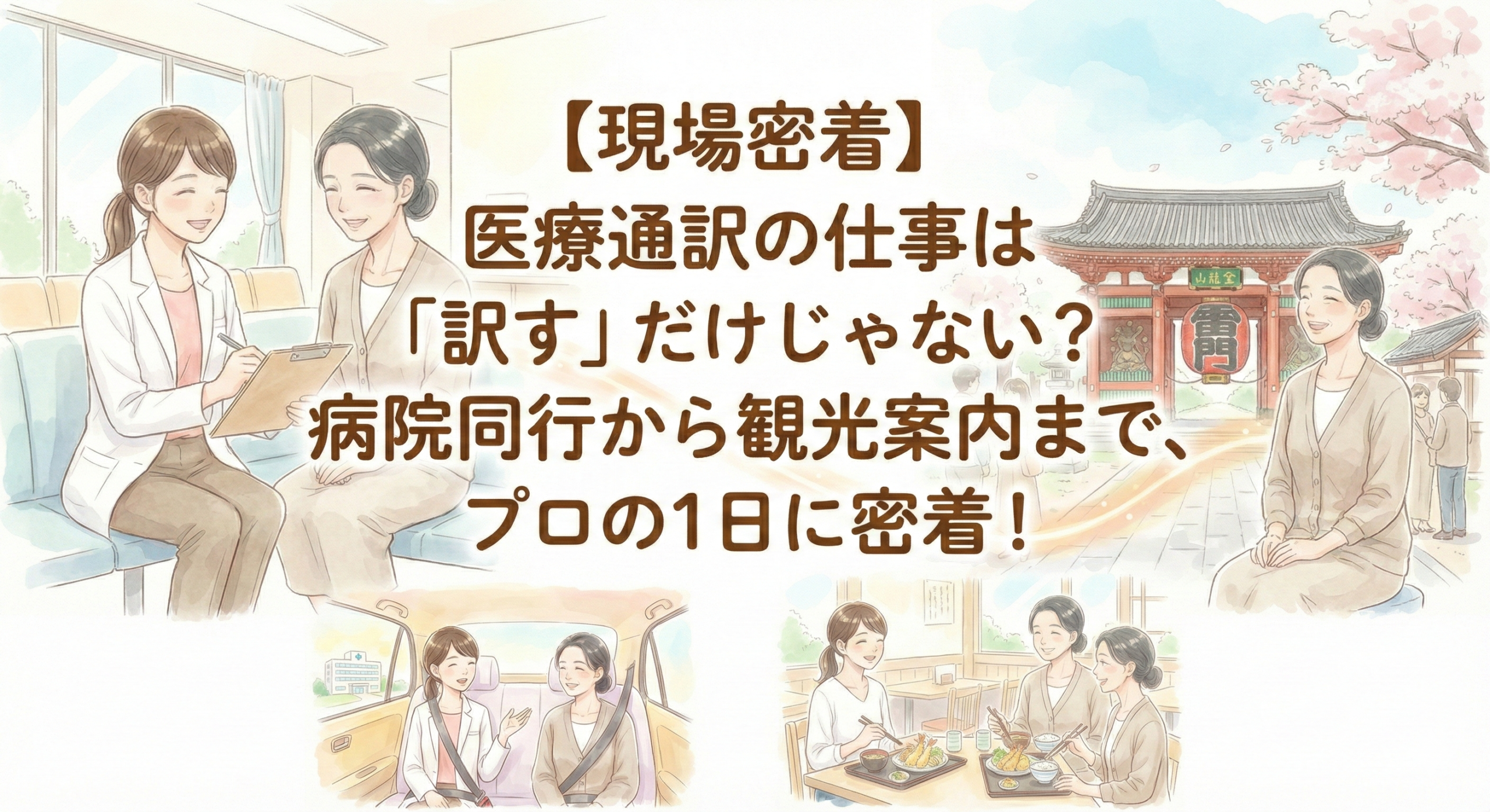 記事「【現場密着】医療通訳の仕事は「訳す」だけじゃない？病院同行から観光案内まで、プロの1日に密着！」のアイキャッチ画像。中央のタイトル文字の周囲に、医療通訳者が患者の病院同行（問診）、タクシーでの移動、レストランでの食事、観光案内をしている様子を描いた4枚の水彩イラストがコラージュされている。