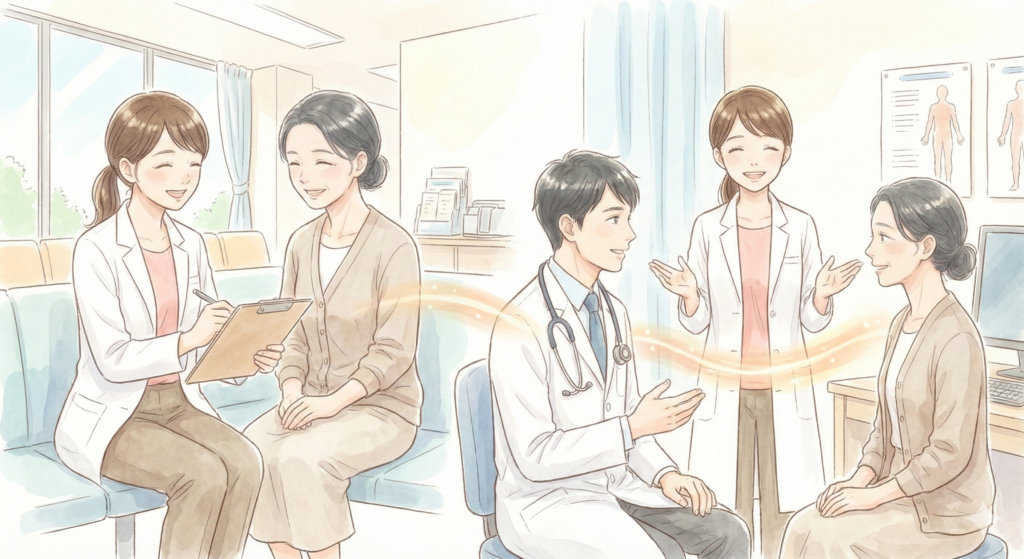 病院内での医療通訳の様子を描いた水彩画風イラスト。左側では待合室で通訳者が患者の問診票記入をサポートし、右側では診察室で男性医師と患者の間に入って通訳をしている。医師と患者の間には光の架け橋が描かれ、通訳者がコミュニケーションの橋渡し役であることを表現している。