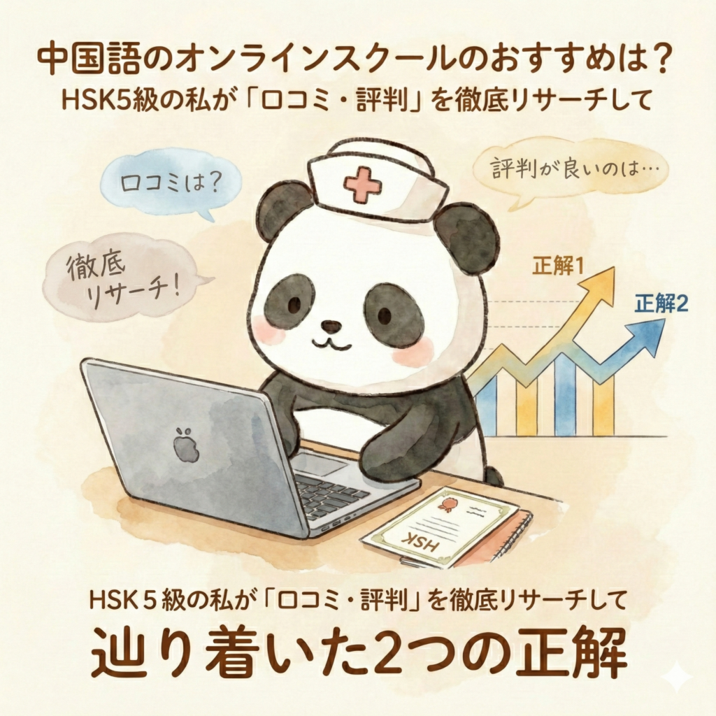 「中国語のオンラインスクールのおすすめは？HSK5級の私が『口コミ・評判』を徹底リサーチして辿り着いた2つの正解」というタイトル文字。ナースキャップを被った可愛らしいパンダが、パソコンで熱心にオンラインスクールを比較・リサーチしている水彩イラスト。周囲には「口コミは？」「評判が良いのは…」といった吹き出しや、右肩上がりの「正解1」「正解2」のグラフが描かれている。