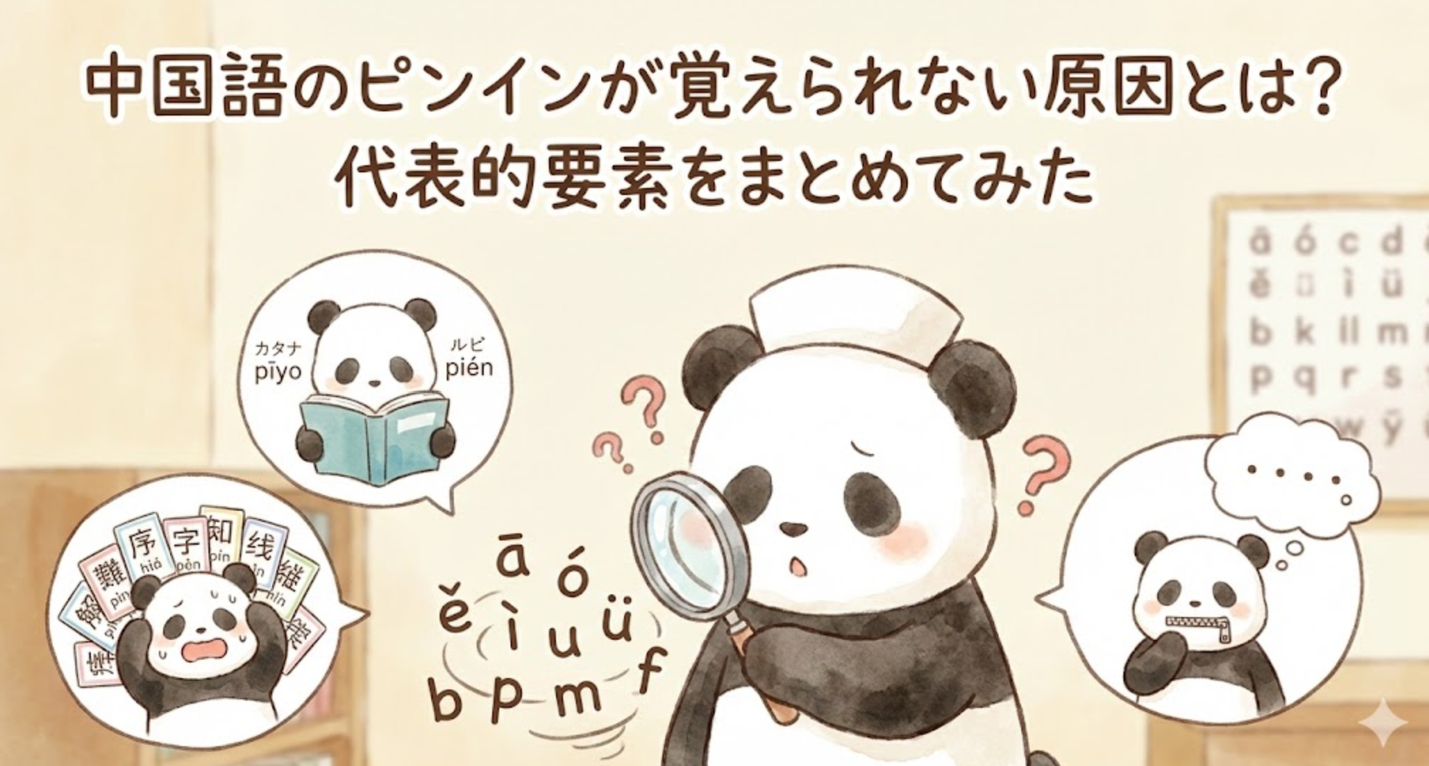 「中国語のピンインが覚えられない原因とは?代表的要素をまとめてみた」というタイトル文字。ナースキャップを被ったパンダが、虫眼鏡で宙に浮くピンイン記号を困った顔で見ている。周囲には「カタカナ読み」「いきなり漢字暗記」「声に出さない」といった覚えられない原因を示す3つのイラストが吹き出しで描かれている水彩画。