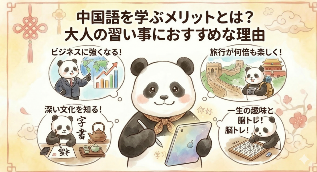 水彩画風のイラスト。上部に「中国語を学ぶメリットとは？大人の習い事におすすめな理由」という日本語タイトルが書かれている。中央には、タブレット（「学習」のテキストと「你好」の表記）とタッチペンを持つ笑顔の大きなパンダが座っている。周囲に4つの小さな円形シーンがあり、それぞれの利点を説明している。左上はスーツを着たパンダとグラフで「ビジネスに強くなる！」、右上は旅行者風のパンダと万里の長城で「旅行が何倍も楽しく！」、左下は書道をしているパンダと「深い文化を知る！」、右下は麻雀/脳トレをしているパンダと「一生の趣味と脳トレ！」、「脳トレ！」。温かみのある中華風の装飾が施されている。