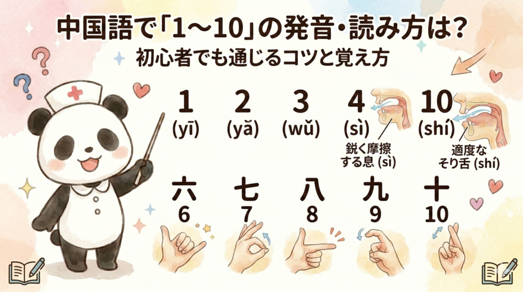 記事タイトル『中国語で「1〜10」の発音・読み方は？初心者でも通じるコツと覚え方』が中央上部に記載されたアイキャッチ画像。左側には笑顔のパンダの看護師が指示棒を持ち、1から10までの中国語数字とピンイン、特に重要な「4」と「10」の発音時の口の断面図、そして「6〜10」の中国独自のハンドサインを一覧で紹介している。全体的に温かみのある水彩画風のデザインで、初心者にも親しみやすい雰囲気を表現している。