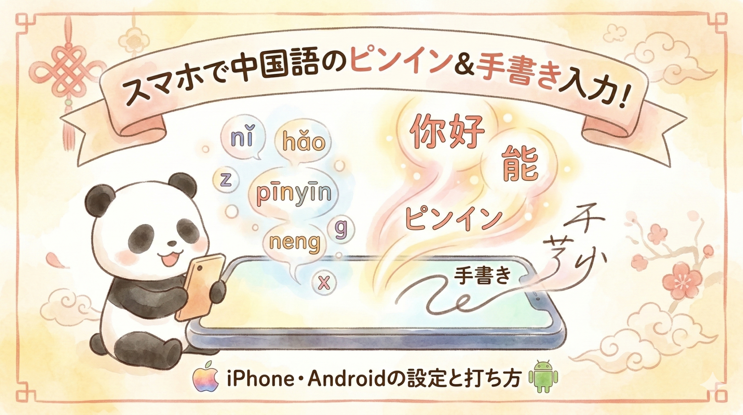 記事タイトル「スマホで中国語のピンイン&手書き入力!iPhone・Androidの設定と打ち方」の文字と、ナース帽をかぶったパンダが笑顔でスマホを操作し、画面から中国語のピンインや漢字がキラキラと浮かび上がっている水彩画風のイラスト