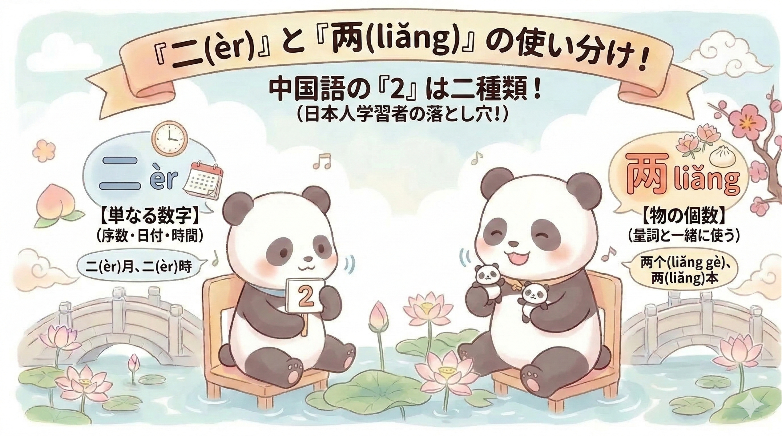 中国語の数字「2」の使い分け、èr（二）とliǎng（両）を解説するインフォグラフィック。左側のパンダがèrを担当し、カレンダーや時計のアイコンと共に「単なる数字（序数・日付・時間）」と解説。例は二月、二時。右側のパンダがliǎngを担当し、小籠包や桃、パンダのぬいぐるみのアイコンと共に「物の個数（量詞と一緒に使う）」と解説。例は两个、两本。上部には「『二(èr)』と『両(liǎng)』の使い分け！中国語の『2』は二種類！(日本人学習者の落とし穴！)」と書かれている。蓮の池の背景。