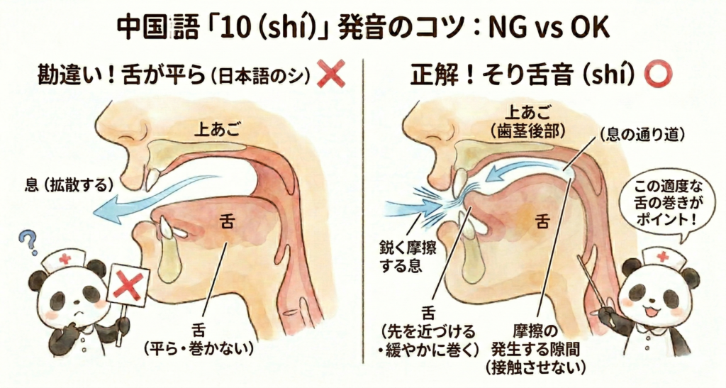 中国語の数字「10（shí）」の発音において、舌先を緩やかに巻いた「そり舌音」の口の断面図。舌先を上あご（歯茎後部）に近づけ（接触はさせない）、できた狭い隙間（息の通り道）から鋭く摩擦する息が出る様子が示されている。「正解！⭕️」とされ、笑顔のパンダの看護師が棒で指し、「この適度な舌の巻きがポイント！」という吹き出しが付いている。