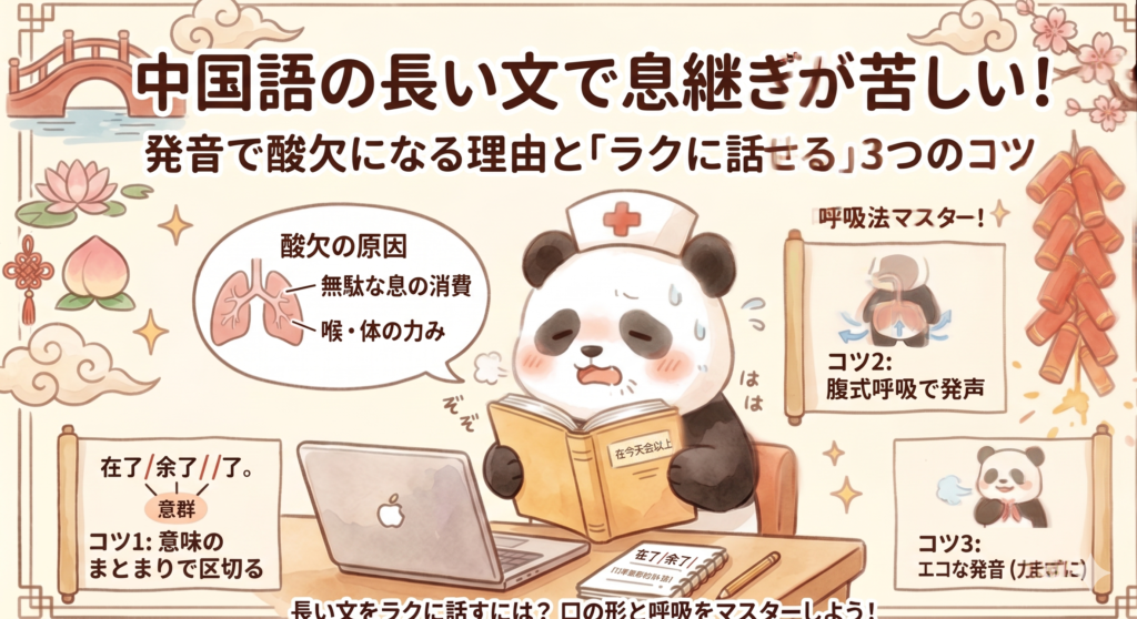 中国語の長文音読で息継ぎが苦しくなる原因（無駄な息の消費と体の力み）と、酸欠を防いでラクに発音するための3つのコツ（意味のまとまりで区切る、腹式呼吸、エコな発音）をまとめた解説図